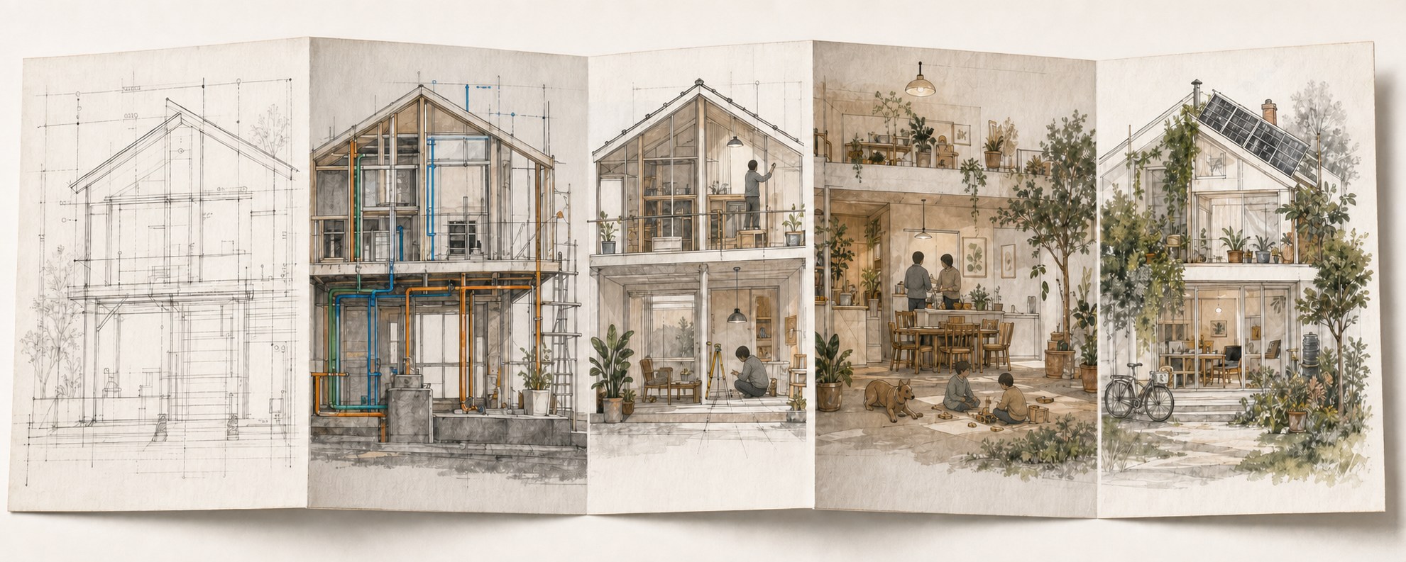 A five-panel architectural foldout showing the same home as blueprint, construction, commissioning, lived-in space, and a mature adapted home.