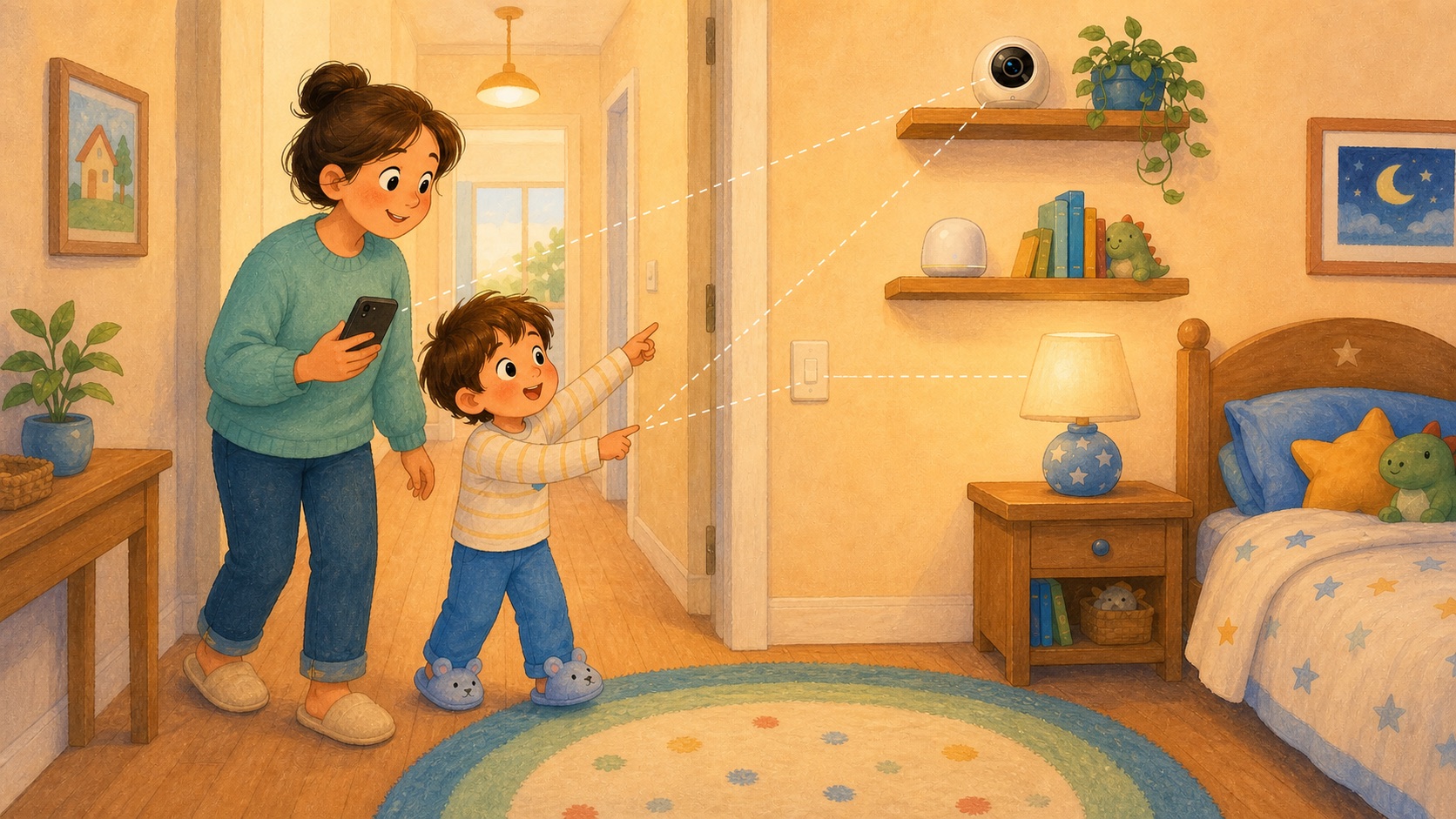Mum and child walk through a hallway and bedroom, pointing out a door, switch, and lamp while a small camera observes gently.