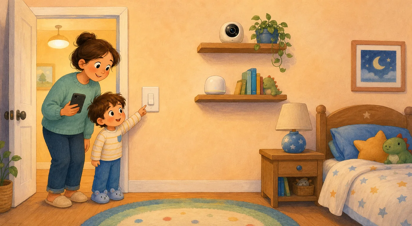A mother accompanies a child who points to a bedroom wall switch while a bedside lamp waits to be tested.