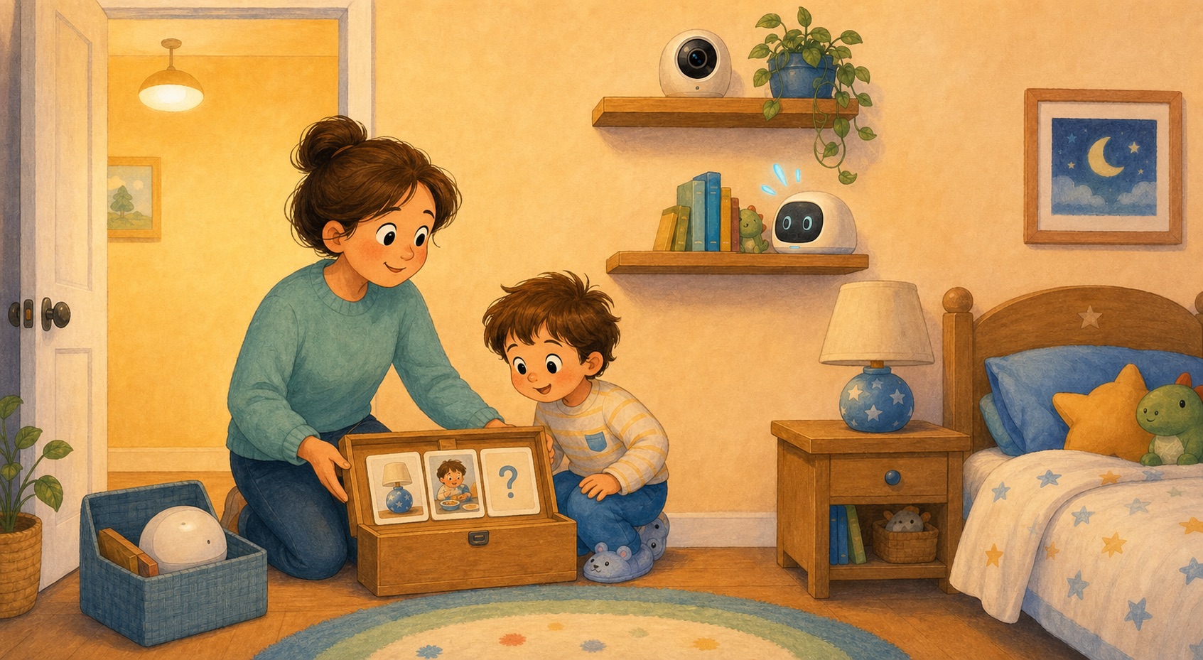 Mum and child store an old helper and let a new helper learn from the family-owned story box.